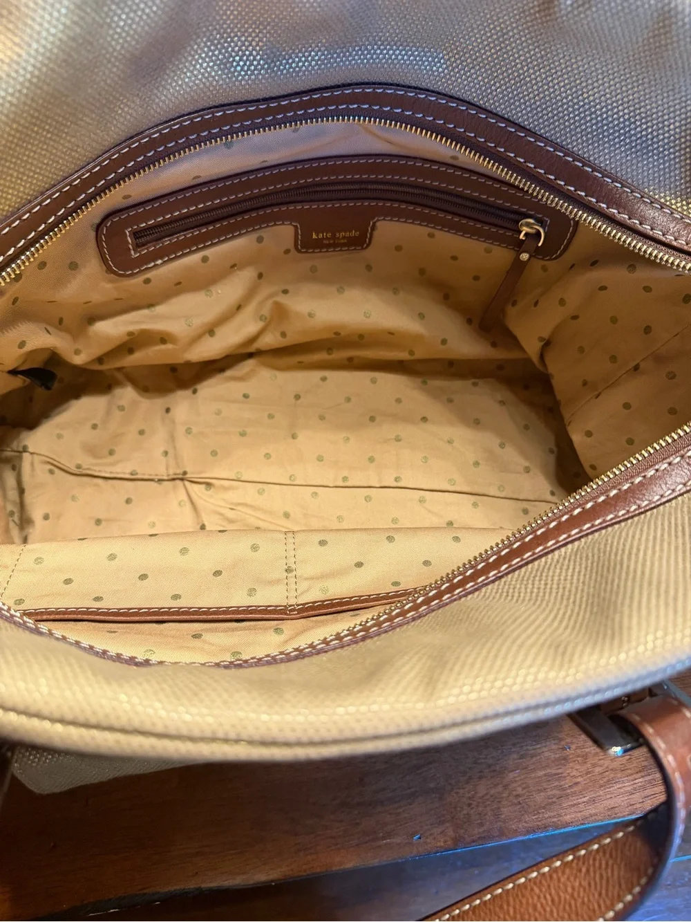 kate spade NWOT Brown Cream Canvas & Baseball Leather Tote Baby Overnight Bag